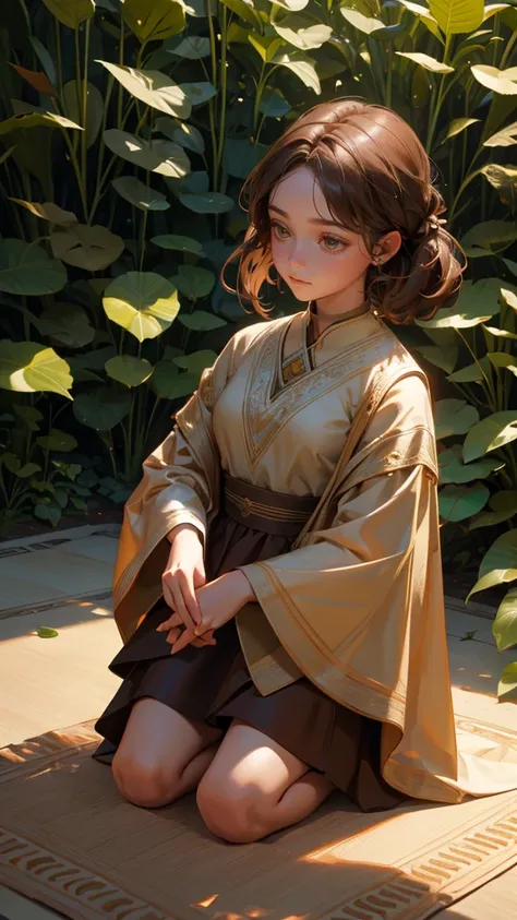 A beautiful, cute girl made of brown foliage kneeling and embracing the brown Earth in a serene, The girls feet are clearly visible on the thick carpet, symbolizing security and protection from scams—this is the most important aspect of the scene. Her expr...