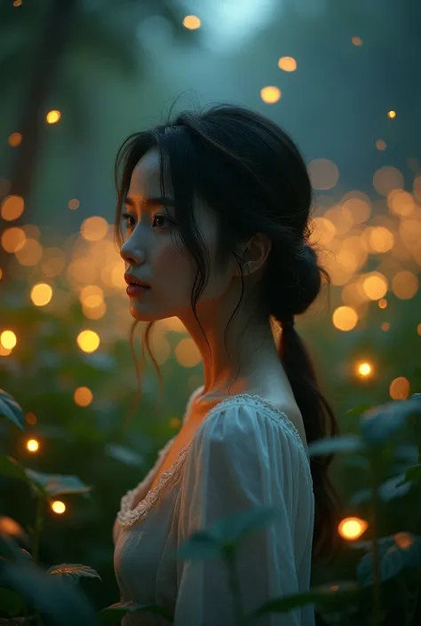 (8k, top quality, masterpiece: 1.2), (realist, photorealist: 1.37), Super detail, A woman, wide viewing angle, firefly garden, many small dim lights and fireflies flying around, evening