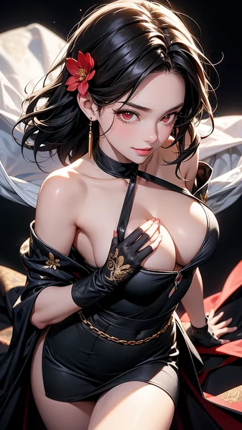 yor briar, anime style beutiful woman, 1girl,fullbody, happy, smile, red face, closed mouth, beautiful detailed eyes, super detailed skin, backlighting, bare shoulders, black background, black dress, black gloves, black hair, breasts, dress, earrings, fing...