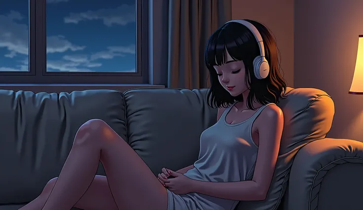 Room with a night view from the window、A girl listening to music in a dimly lit room, Use headphones, 2D Style Anime, Lo-Fi,Relaxing on the sofa, Dark Environment，Girl wearing tank top and shorts