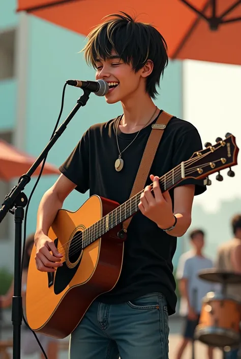 Young , surfing style, Filipino. straight black hair with blonde tips. in a black top and jeans. sings into a microphone on a stand and with a guitar in his hands