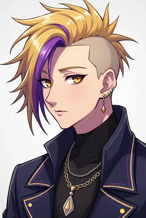 Create a character with these characteristics, Sethos, non-binary, 1,75m, slightly defined male physiognomy, medium length blonde hair with purple tips with shaved sides, honey-colored eyes, a different earring in each ear and a piercing in the mouth and n...