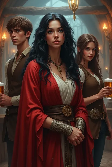 The setting is a tavern in a medieval fantasy world. In the center, the archmage of about 3 with a more serious face. She wears light red clothing and long bracelets with fine metal details.. She has wavy black hair and deep blue eyes.. Beside him a young ...