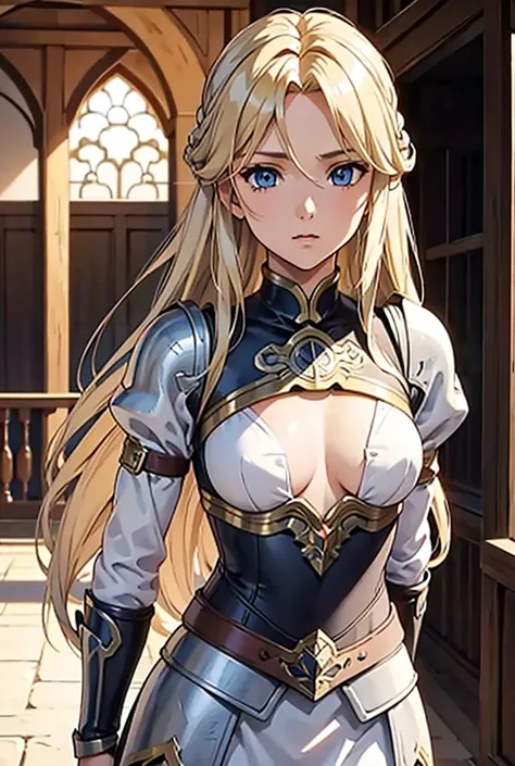 Masterpiece, Best Quality, Detail, A beautiful warrior breastplate long blonde hair blue eyes small breasts she rushes to save her friends 