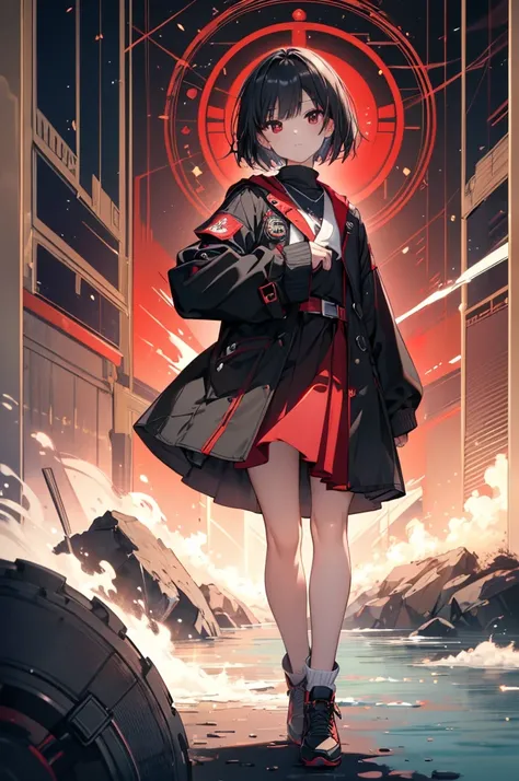 (masterpiece, highest quality, highest quality, (No text), Beautiful and aesthetic:1.2),No text,アニメ、BREAK,One Girl，Black Hair Girl　 adult　short hair　older sister　Beautiful eyes　Red eyes　cool　Black and Red　skirt　Black jacket　White clothing　Full Body Outdoor...