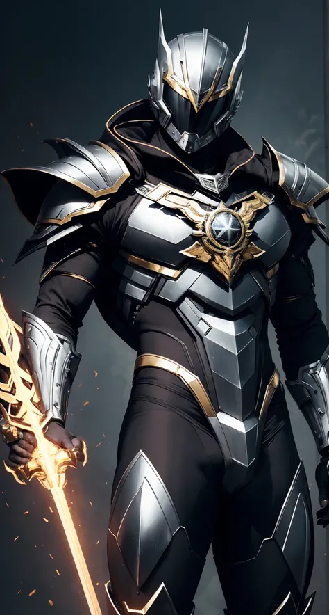 A supervillain wearing shiny black chrome armor with silver and gold hues., Adorned with intricate details that evoke a futuristic aesthetic.  His helmet has a visor that hides his face., exuding a mysterious atmosphere.  On his chest, The clock-shaped emb...