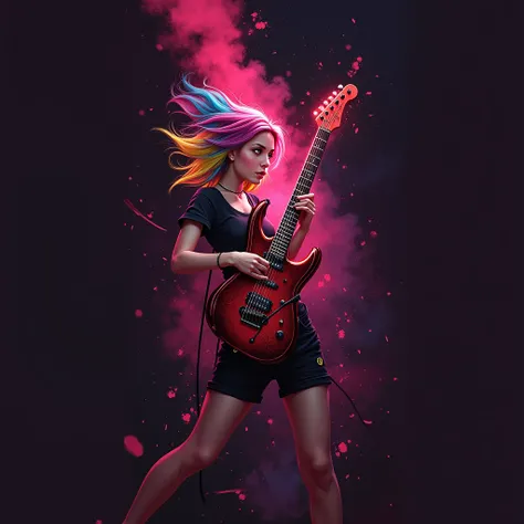 A mesmerizing dark fantasy painting captures the essence of a young woman with multicolored hair – pink, BLUE, and yellow - dressed in black shorts and jeans. Passionately playing an electric guitar that radiates Bright red light, She embodies the spirit o...