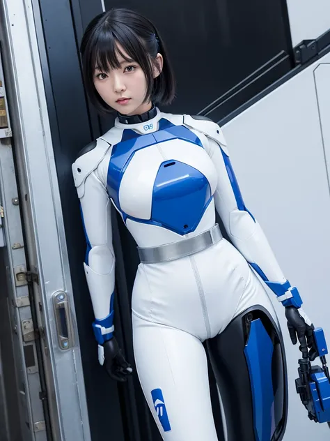 Japanese female android,Black Hair,factory,Secured to the pole with thick belt,Plump,A little thick,Spread your legs,White and blue robot suit,Robotic arms and legs,