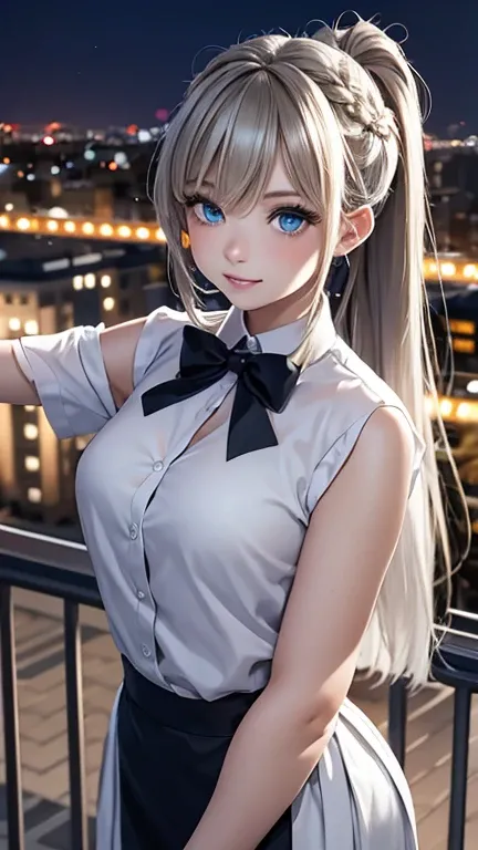 master piece,highres,4k.8k,Lifelike:1.5,Close-to-reality1.3,
Greige hair, ((highlights hair, Blue streaked hair:1.0)),braided bangs,high ponytail,
turquoise blue eyes,
glamorous,
eighteen years old,
happy,1girl,
contrapposto,waving,
break,
maid uniform,Int...