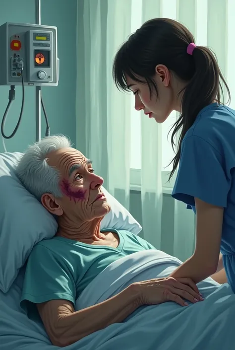 A grandfather is 9 and is in bed in the hospital. He has a bruise across the side of his face. A woman is standing at the bed and is a trainee nurse and is talking to him.