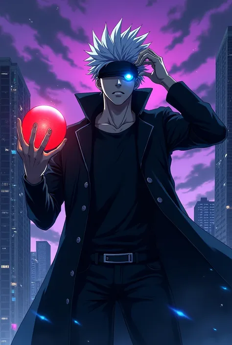 **Prompt:**

Create an anime character with spiky white hair, a dark coat, and a mysterious vibe. He lifts a blindfold, revealing a glowing blue eye while holding a red energy orb in his hand. The background is a modern cityscape at night, with glowing sky...