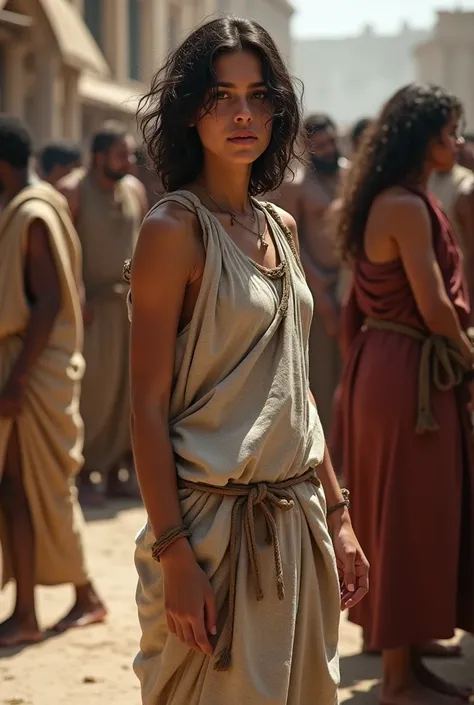 In the heart of a bustling ancient Greek marketplace, a young slave woman stands among others, her appearance humble and weary. The marketplace is alive with the sounds of haggling merchants, shouting sellers, and the shuffling feet of passersby. The air i...