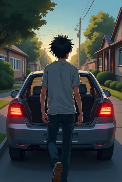 A black-haired man getting out of a car in the back seat because there are people driving in front and entering his friend&#39;s house (anime styling)