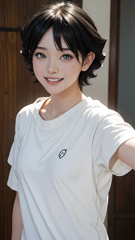 Uzumaki Himawari, an anime character, is depicted in a realistic depiction wearing a plain white t-shirt while taking a selfie with a bright and smiling expression. This work of art skillfully plays with light and shadow to enhance her natural beauty, show...