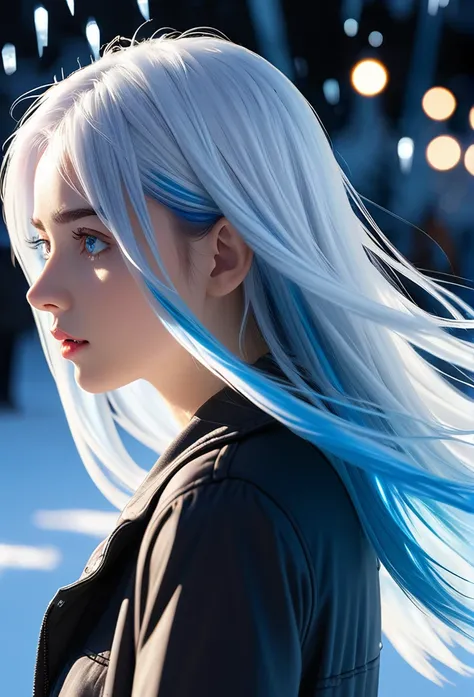 fair, young woman, In the crystal and ice area, fluttering ice, snow,  Striped hair, silver hair, sky blue hair, long hair, blue eyes, Eye Reflection, contempt, Ray tracing, reflected light, Vague, glowing light, Shallow depth of field, Chiaroscuro, Stereo...