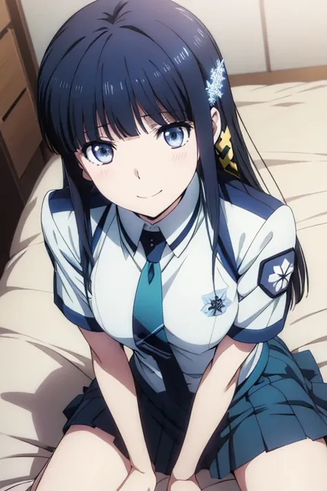 Miyuki Shiba, The Irregular at Magic High School,  Snowflake hair ornament, At the bed, Lying down, school uniform, skirt, Spread your legs, smile, Open your mouth