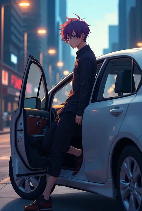 A male person getting out of a car in the back seat (anime styling)