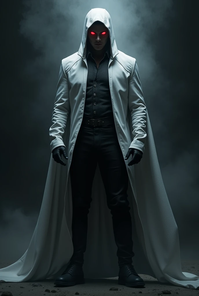 Superhero, red eyes, white jacket, black shoes, he is a shadow