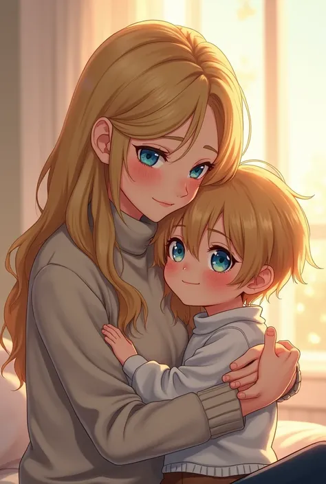 A blonde woman with blue eyes, glasses, a turtleneck, and a calm expression hugging a  boy with lead hair and aquamarine eyes. Anime. 