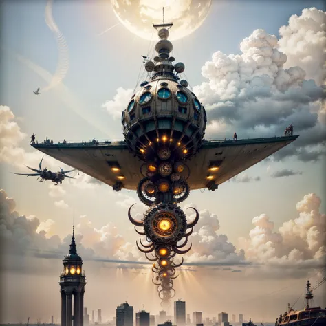 Fantastic creatures from steampunk movies、Generates an ultra-realistic image of a Steampunk Sky Kraken。Its tentacles spread across the airships and cogs of Victorian metropolises.、It embodies the fusion of technology and mythology.。DetailXL