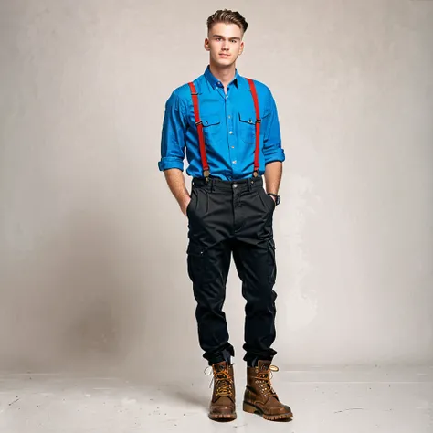 A  guy, wearing a blue shirt, suspenders, black pants, military boots, standing at full height 