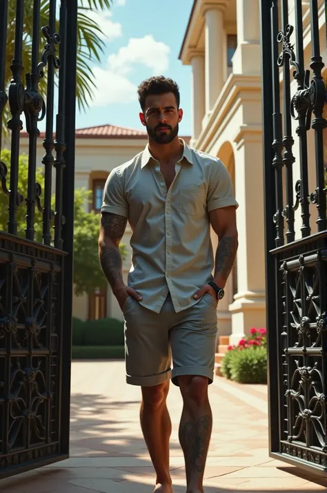 photogrphy, a handsome man, faint smile, wearing a collared shirt, shorts, there are tattoos on his legs, is standing at the gate of a luxury house, with a very large and beautiful gate, the background is a combination of love for the house, hyperrealistic...