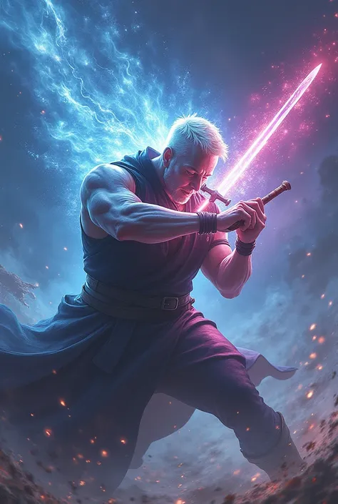 Make a man, with short, platinum hair, grappling, and your body has beams the color of the universe, and in his hand a sword with galactic color 