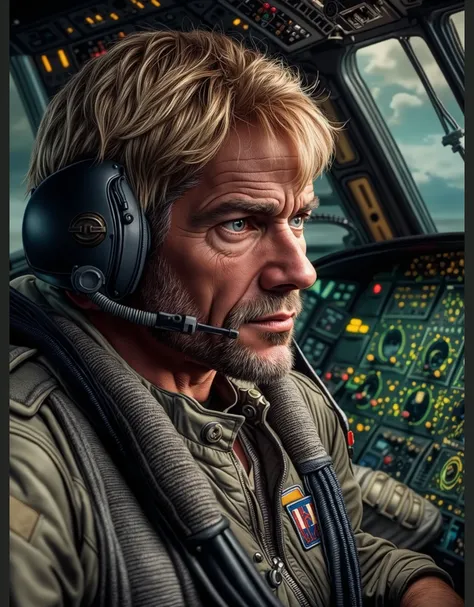 A cinematic photorealistic color digital painting of the French Air Force Fighting Pilot Lieutenant Laverdure on the jet fighter plane cockpit, insanely detailed and intricate, crisp sharp and clear, volumetric lighting, ultra-high resolution, masterpiece ...