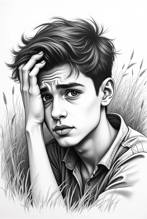 Black and white drawing of a close-up of a 20-year-old young man on a grass, confused as to why he doesn&#39;t remember anything. With hand on head and looking away