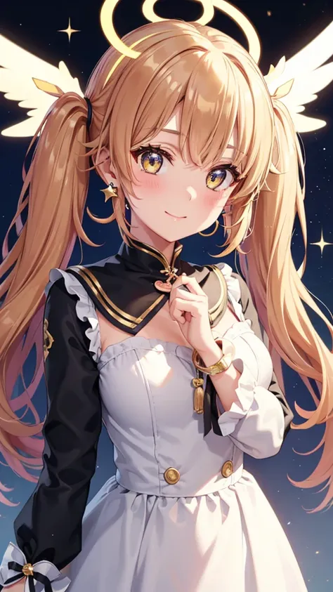 One girl, Twin tails, accessories, Earrings, accurate, chest, happiness/joy, Bright Eyes, Simple Background, Sparkle Effect, stereofuturism, 
fortune teller、Angel Halo, Long Hair, ,Heart-shaped eyes, star、Gaze, 