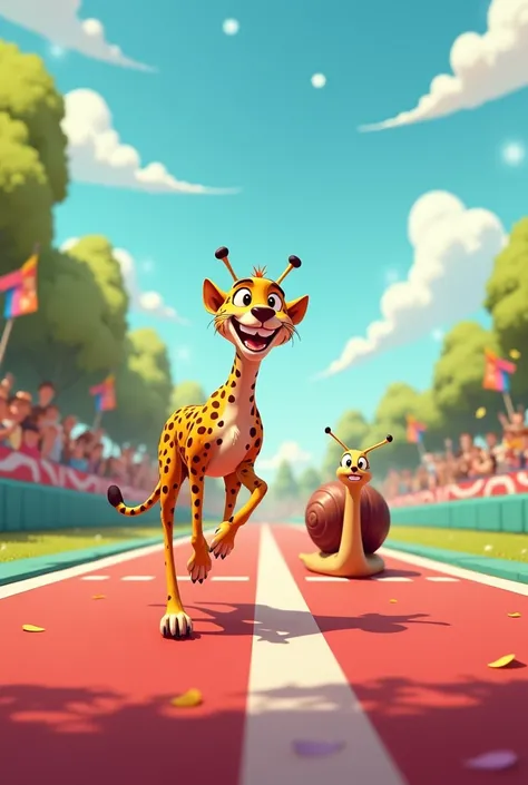 "A cartoon-style snail and cheetah at the finish line of a race. The cheetah, with a triumphant grin, is crossing the finish line first, while the snail, looking exhausted but proud, is just behind. The background shows a playful racecourse with cheering s...