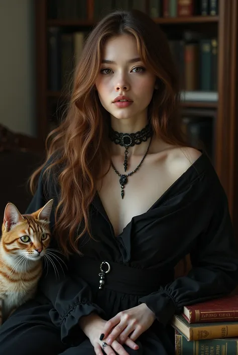 Girl with brown hair, gothique moderne stylé, playing with cat and study, intj, vampire, not a real human