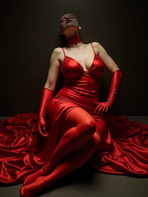 a woman without head with a big bust wearing red satin dress, red satin gloves and red satin leggings laying on the floor, 