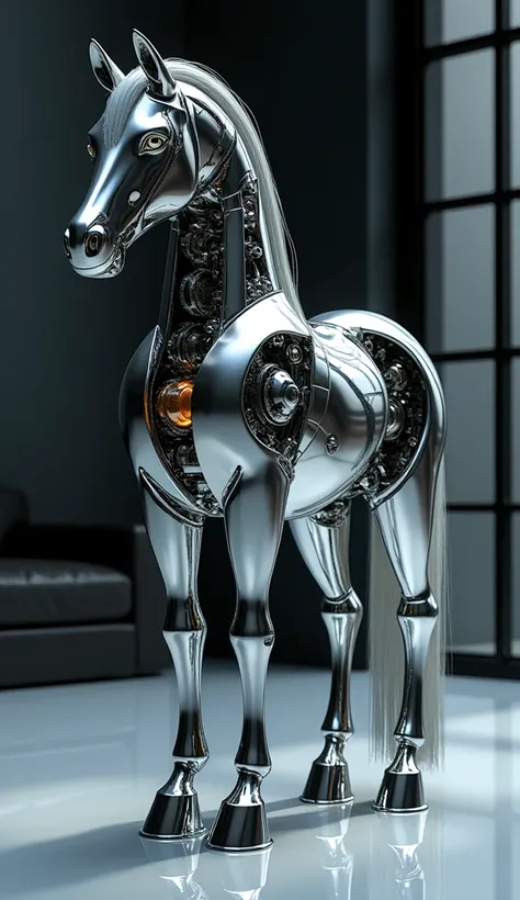 Image features a highly detailed, futuristic robotic horse standing in a sleek, modern, and dimly lit room. The horse is constructed from polished chrome and metallic components, with visible intricate gears and mechanisms inside its body, giving it a tran...