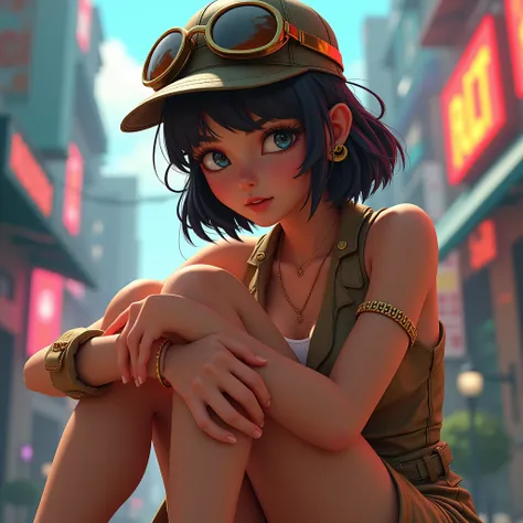 A girl in a short dress, wearing an aviator hat, pulling her knees close to her chest, highly detailed, Jet Set Radio, 24k, video game render, Gum from Jet Set Radio Future