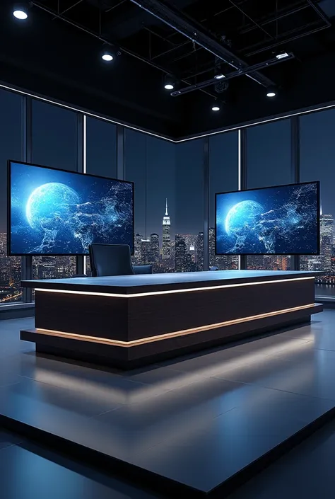 Design a modern and minimalist news set with a dark color palette. The set must convey professionalism and seriousness. Includes a large desktop and screens in the background displaying news graphics. Use soft lighting and shadows to create a sober and ele...