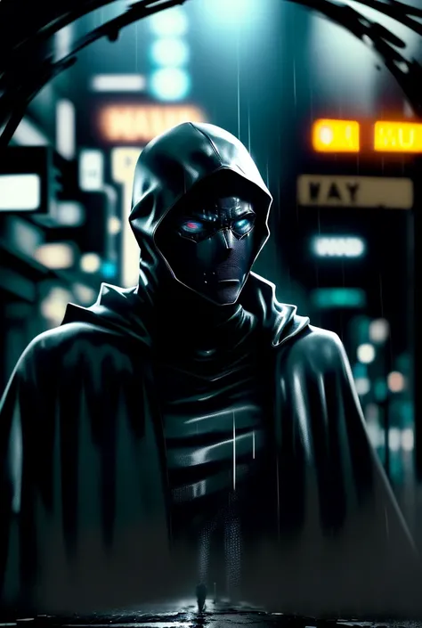 a masked man, detailed face, dramatic lighting, cinematic, dark and gritty, high contrast, film noir, moody atmosphere, intricate costume design, flowing cape, dystopian future, futuristic cityscape, neon lights, wet pavement, rain effects, dramatic pose, ...