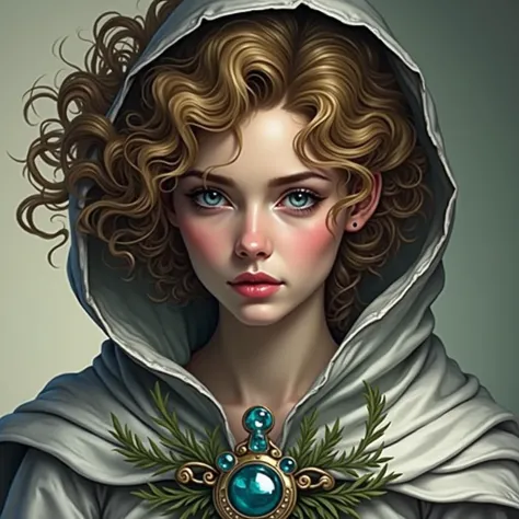 Makes her hair more blonde with curly hair. She is white. Her clothes are white and she wears a white cloak too. 