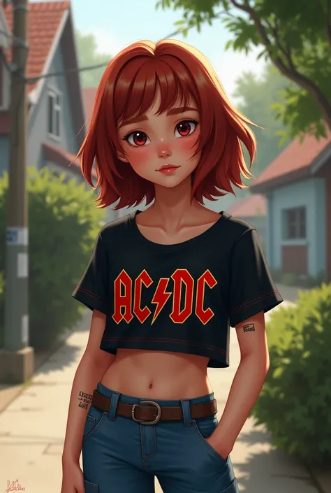 A young girl, 2. She has red brown shoulder length hair. She is a vampire but tries to live as normally as possible. She likes to wear cargo blue jeans and a crop top from a rock band AC/DC or similar. Her style is more like a rock&#39;n&#39;roll girl. Rea...