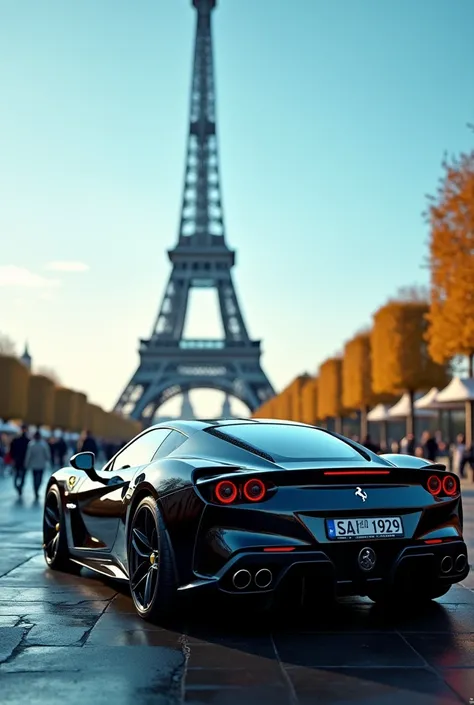 Modern Ferrari in Paris seen from the side with a blue sky and the Eiffel Tower behind 