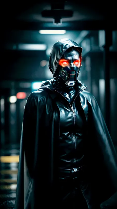 a masked man, detailed face, dramatic lighting, cinematic, dark and gritty, high contrast, film noir, moody atmosphere, intricate costume design, flowing cape, dystopian future, futuristic cityscape, neon lights, wet pavement, rain effects, dramatic pose, ...