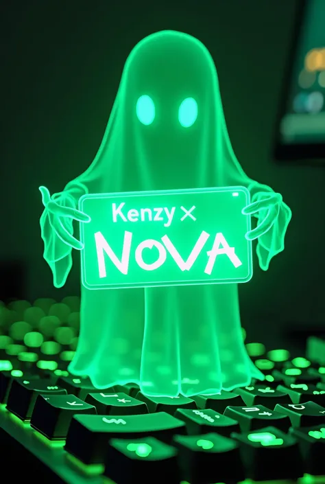 a glow in dark neon green ghost holding the board that is written Kenzy x Nova ( capital letter at K of kenzy and N of nova) that stands in a gaming keyboard