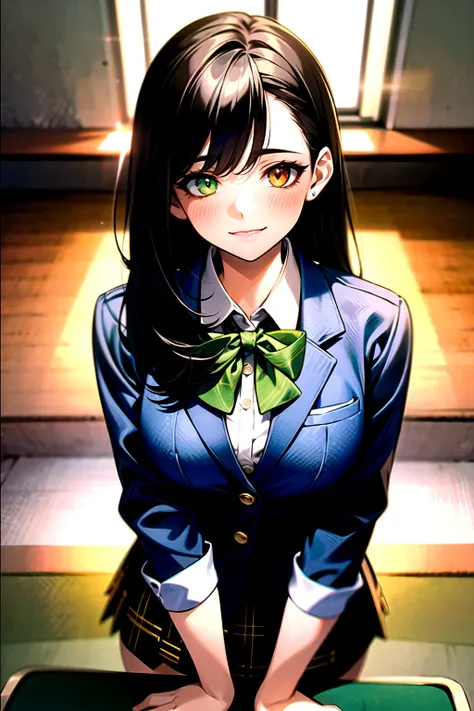 （（super high quality,））（（Ultra-high resolution,））（16K,）（super masterpiece,）（（Ultra HD ,））（Detailed shading,）Upper body photo,One mature high school girl,Blue-green blazer,White dress shirt,The second button is open,（（Yellow striped bow tie,））Brown plaid mi...