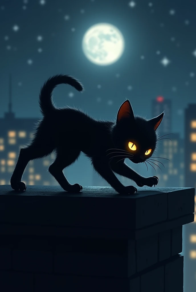 Cute black kitten assassin、A moonless night、Rooftop