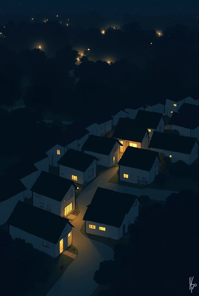 2D drawing of a block of houses at night, some with energy and others without, satellite style view