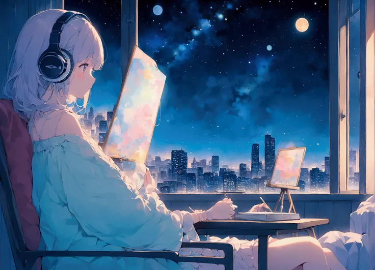 Portraiture、512、praise、A girl sitting on a chair and studying with headphones、city view outside the window、night、pastel colour、Painting, Many stars and moons, coastal