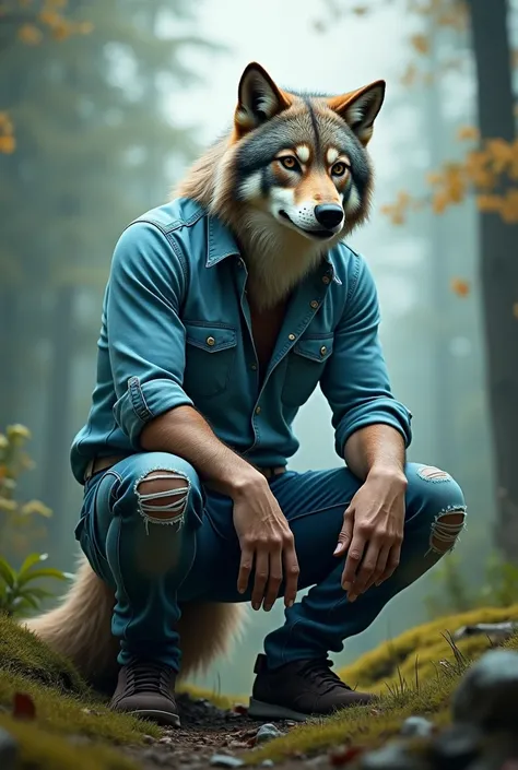 A wolf with a human body., Wear a sky blue shirt, con jeans, squatting posture, open legs, in a forest cloudy sky, fluffly tail