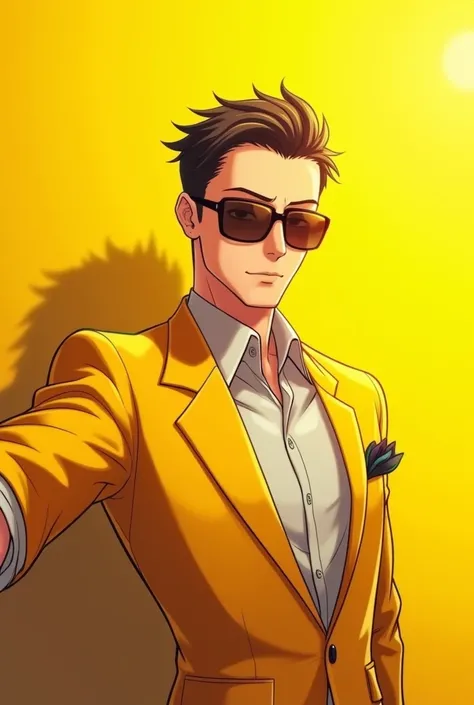 An anime sexy gentleman in yellow suit with cool sunglasses selfie picture and yellow background (sunlight)