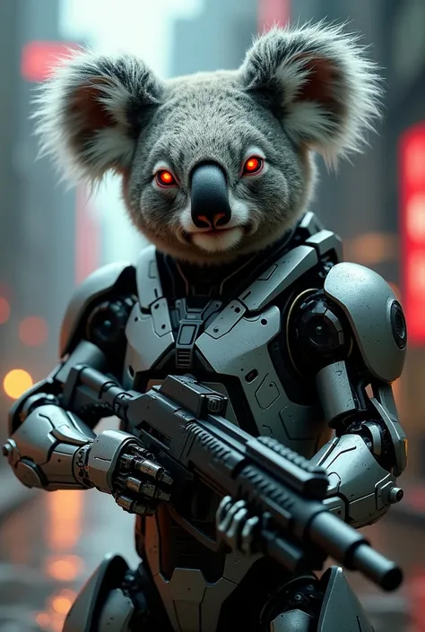 "Create a photorealistic image of a Koala bear reimagined as a Terminator. The Koala is equipped with a high-tech, futuristic exoskeleton, featuring metallic and robotic elements. One side of the face is partially exposed, revealing a robotic endoskeleton ...