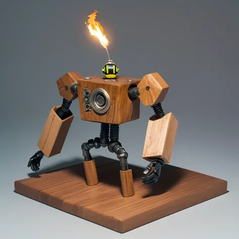 A wooden robot made from horse chestnut wood, with small cylinders and rectangles suggesting machined parts. It has a non-humanoid design with an embedded head and no arms. The wood surfaces show prominent grain, and some parts are black. A large gear is p...